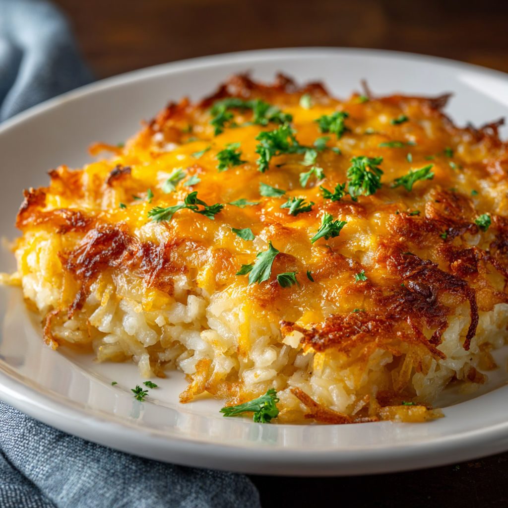 A white plate with a delicious looking dish of cheesy hash browns.
