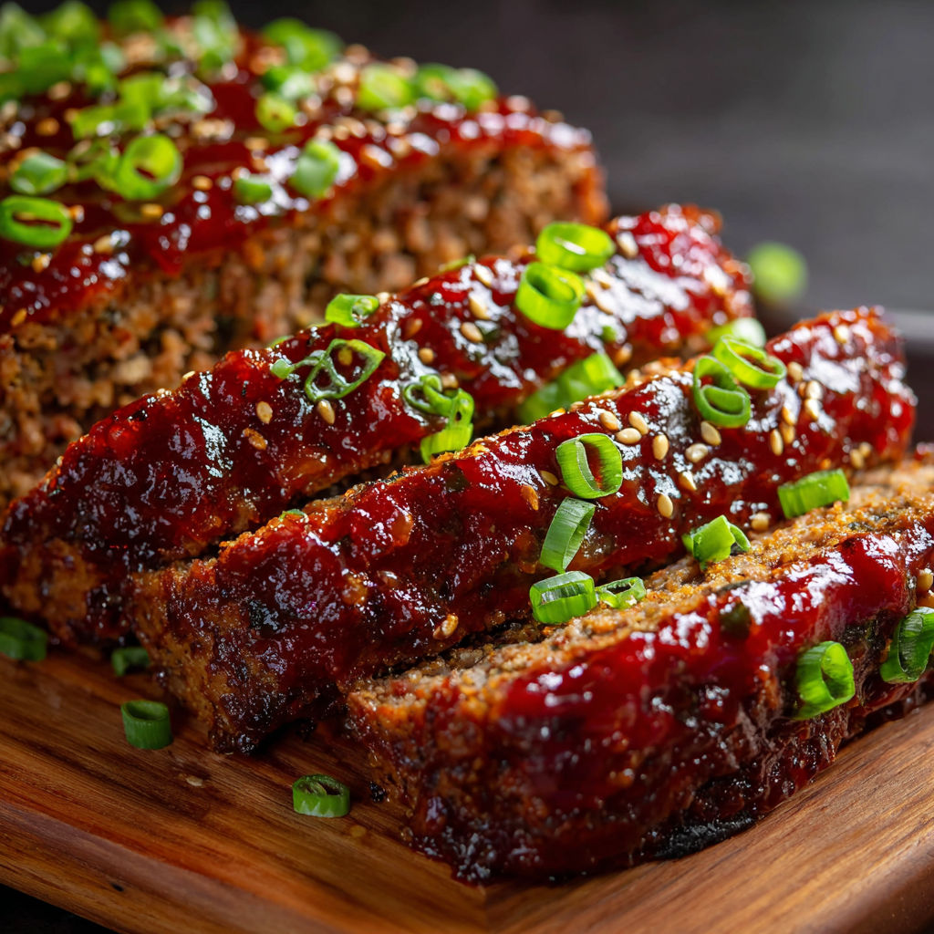 A slice of meat with a thick sauce on top, accompanied by a side of green onions.