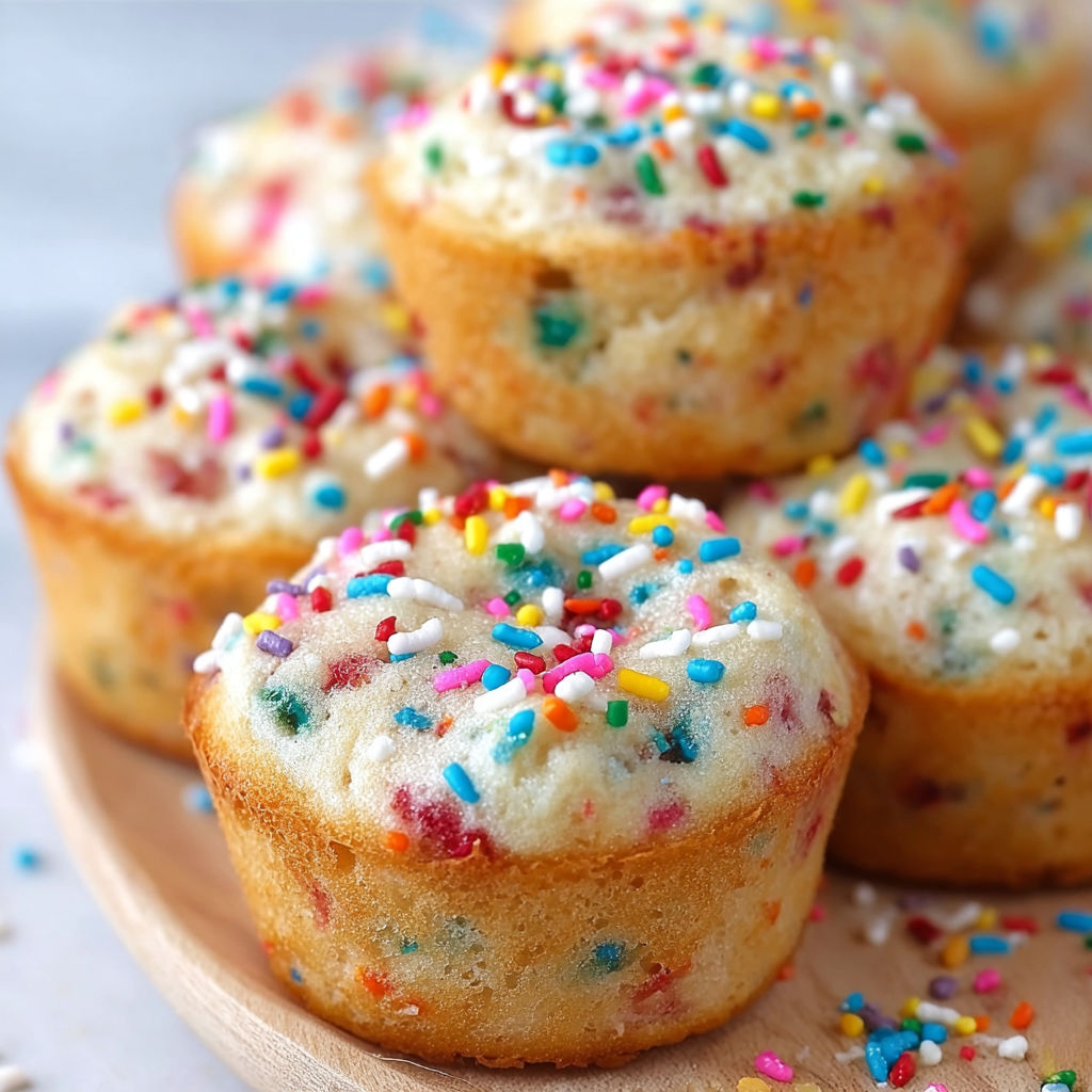 A plate of colorful mini muffins with sprinkles on top.