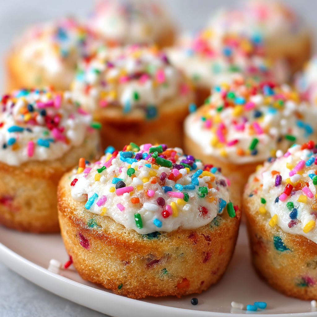 A plate of colorful muffins with sprinkles on top.