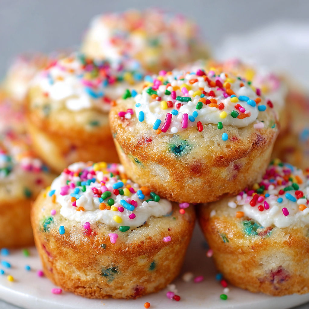 A plate of colorful mini muffins with white frosting and sprinkles.