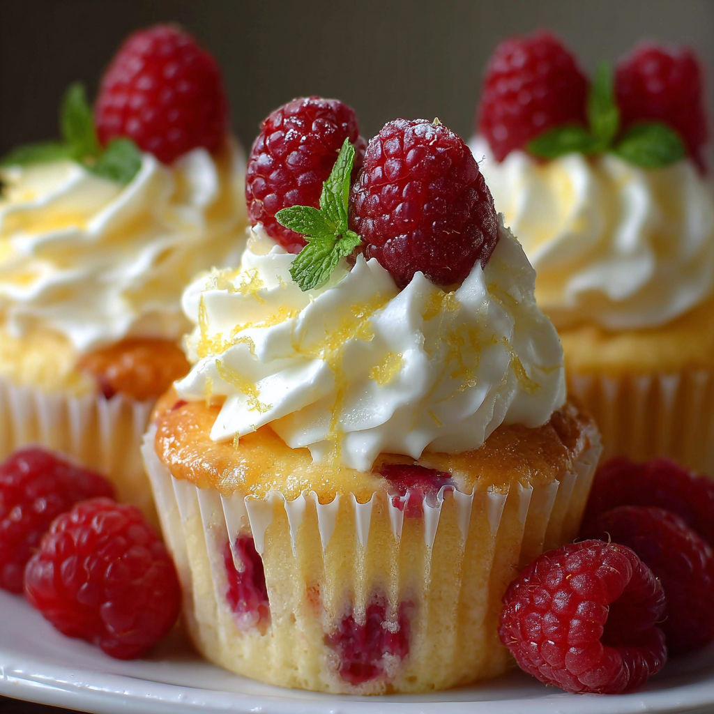 A cupcake with raspberry toppings and whipped cream.