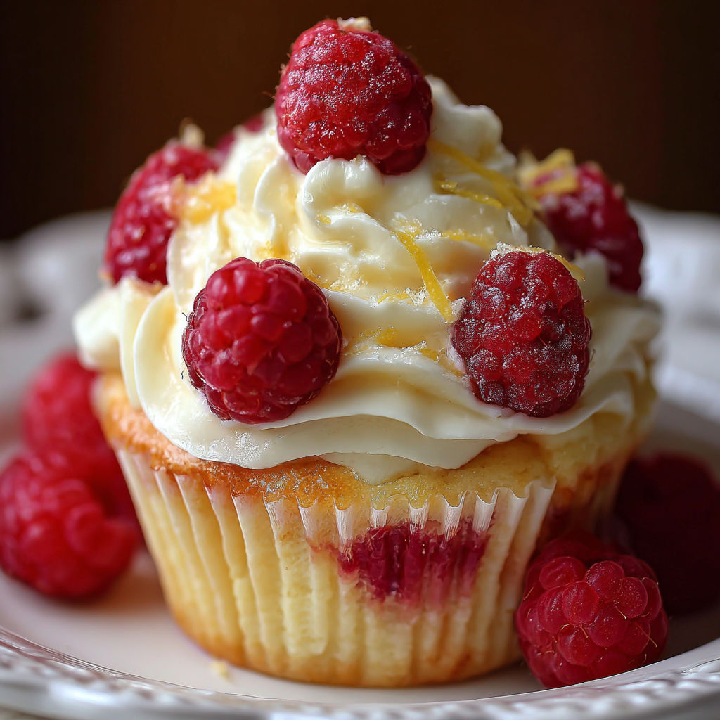 A cupcake with white frosting and raspberries on top.