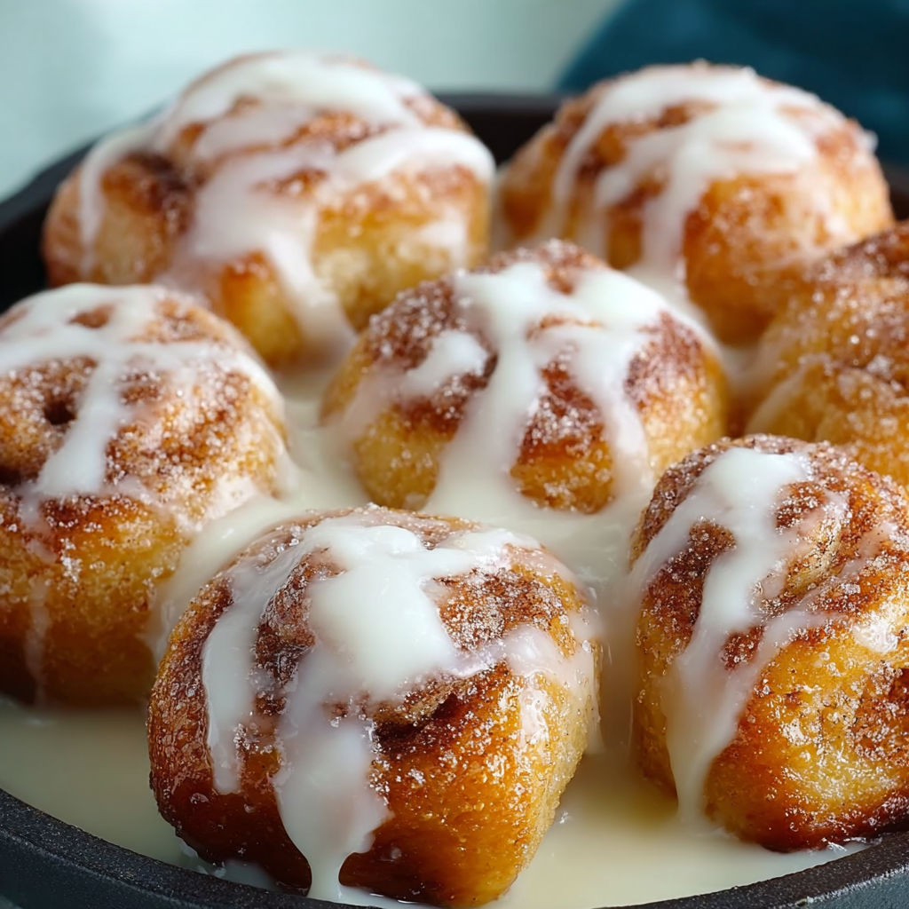 A pan of cinnamon roll bites covered in icing.