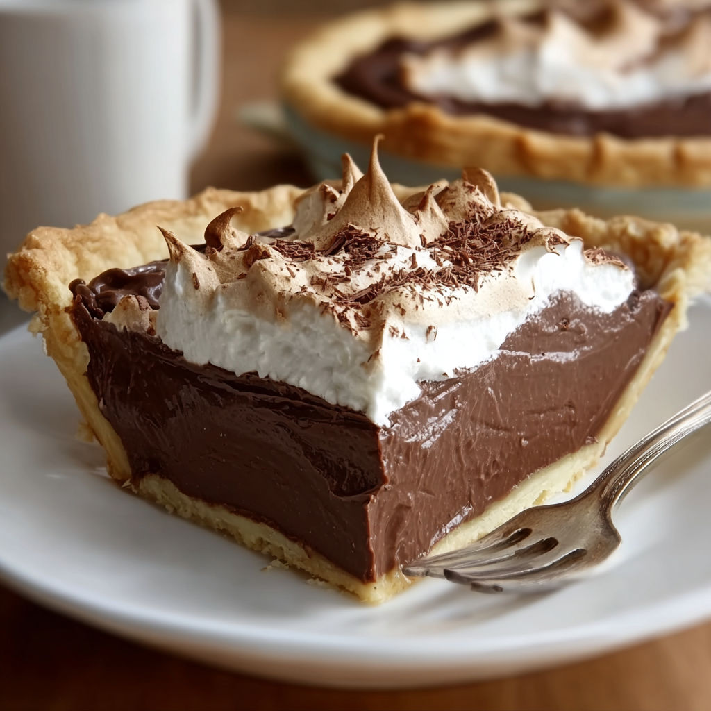 A slice of Old Fashioned Chocolate Meringue Pie with whipped cream on a plate.