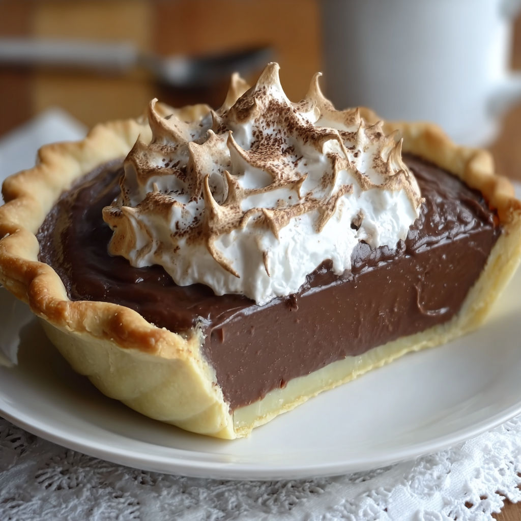 A slice of chocolate pie with whipped cream on top.