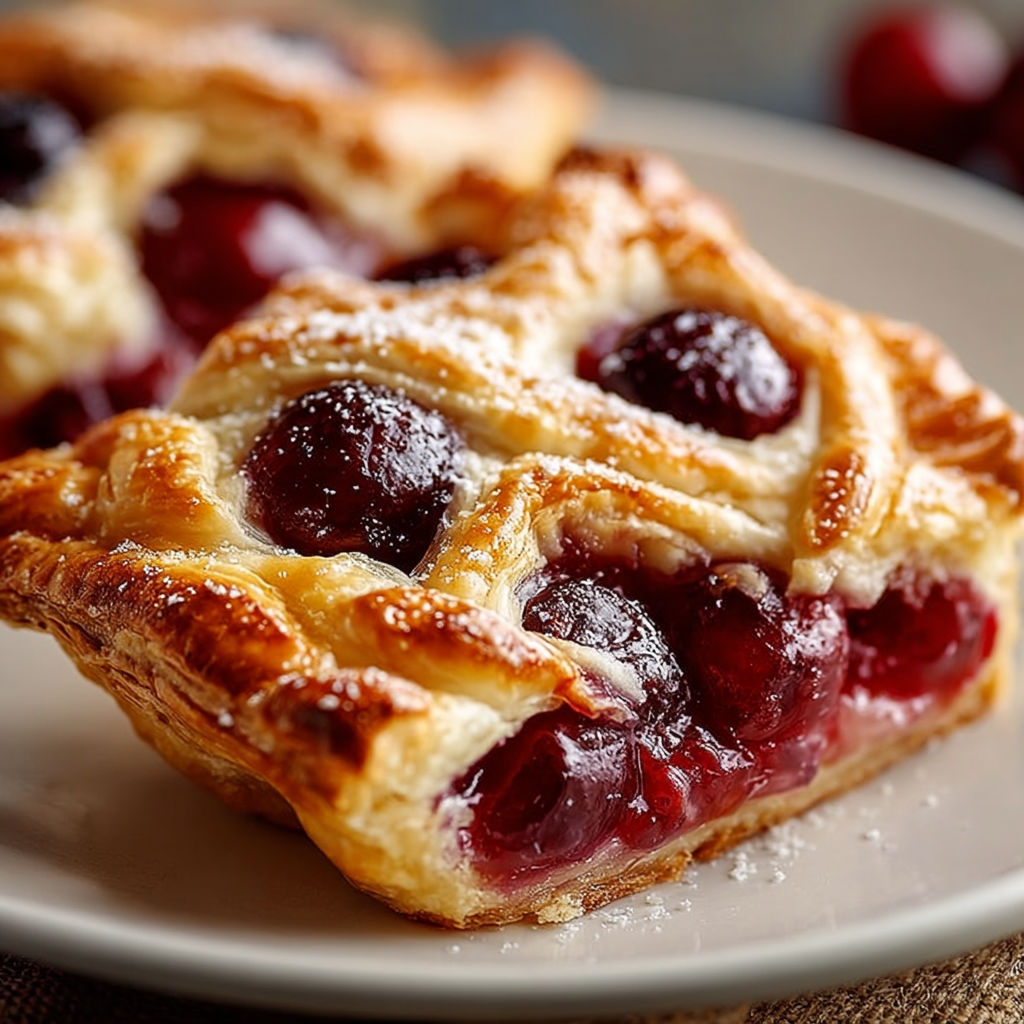 A slice of cherry pie with a flaky crust.