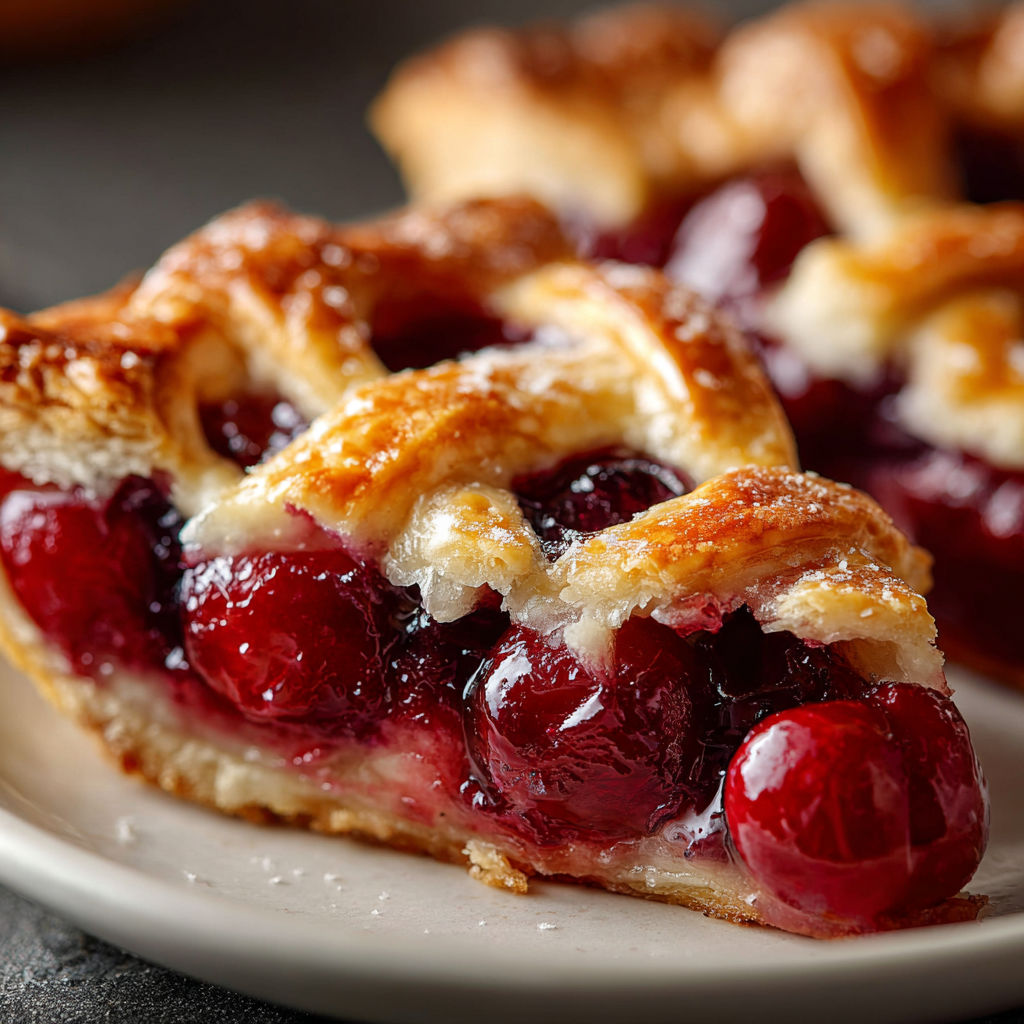 A slice of pie with cherries and a pastry crust.