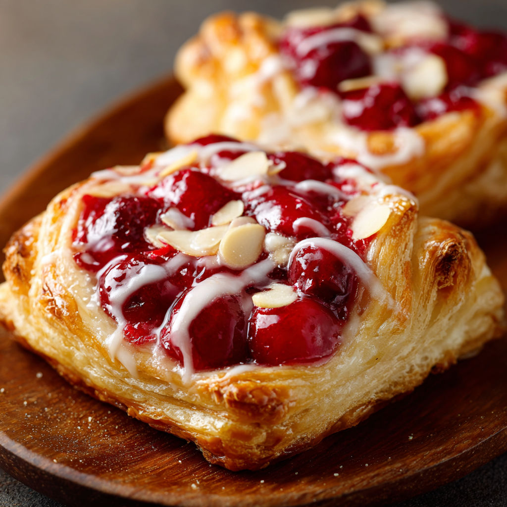 A pastry with a cherry filling and almonds on top, sitting on a wooden cutting board.