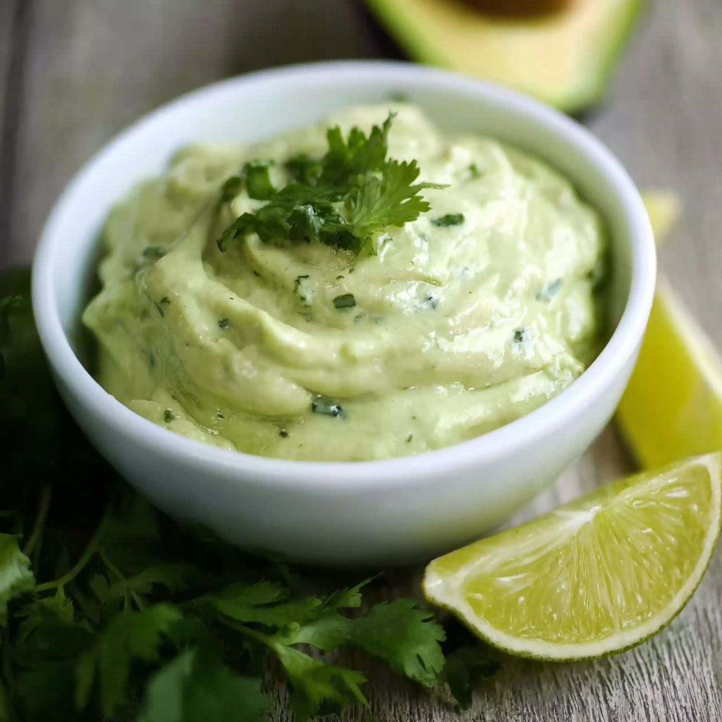 A bowl of Avocado Lime Crema is displayed on a wooden table.