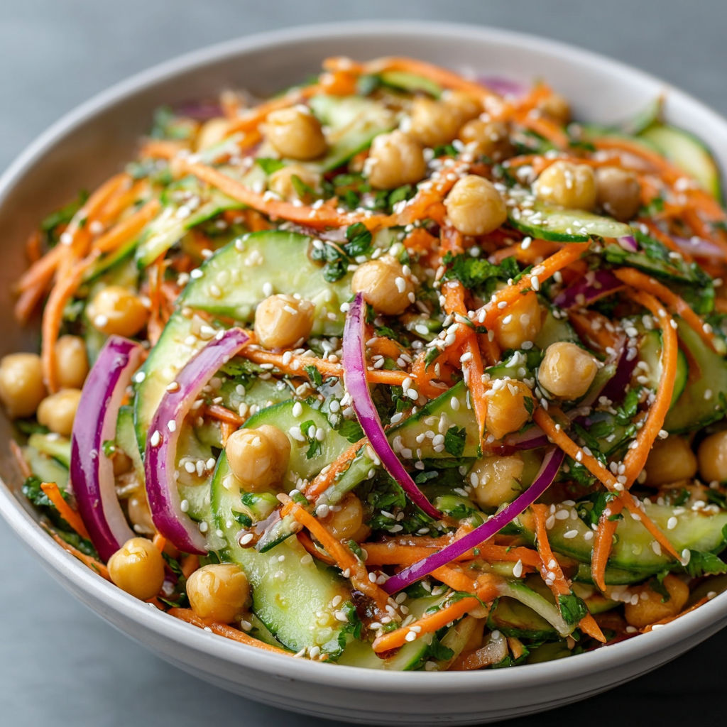 A bowl of Asian Cucumber and Chickpea Slaw, featuring a variety of vegetables and seasonings.