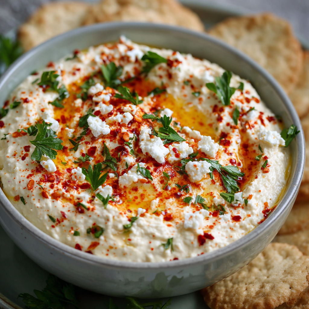 A bowl of Spicy Feta Dip with a spoon and crackers on the side.