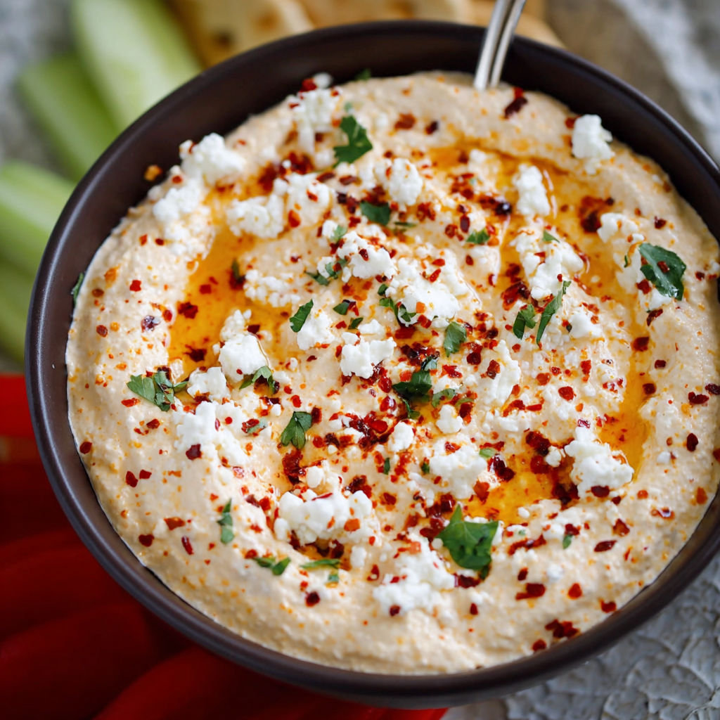 A bowl of Spicy Feta Dip with a spoon inside.