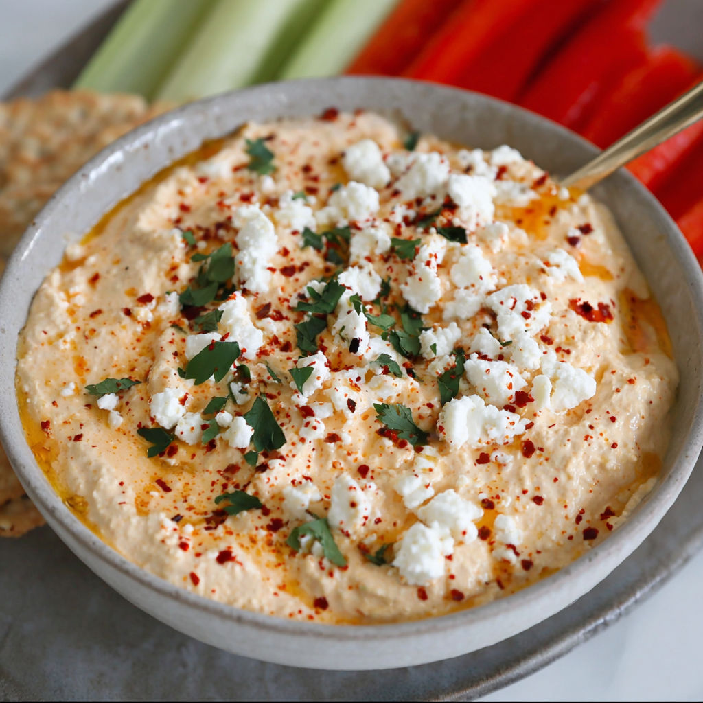 A bowl of Spicy Feta Dip with a spoon inside.