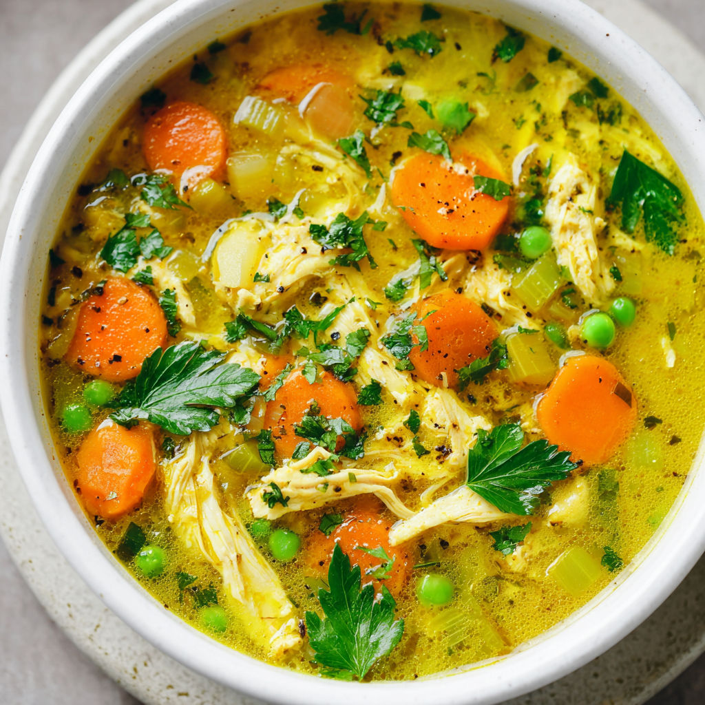 A bowl of soup filled with chicken, carrots, and peas, with a green herb garnish.