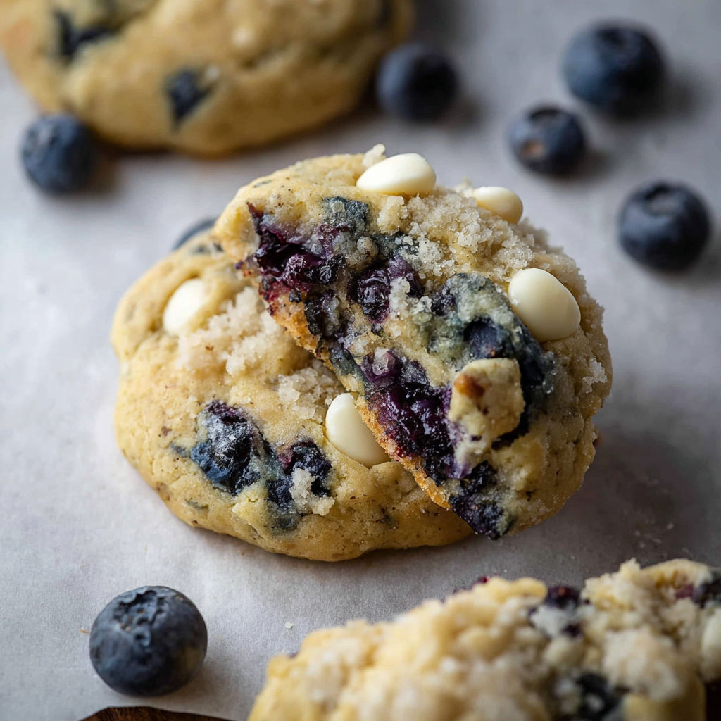 A close up of a delicious blueberry muffin cookie with white chocolate chips.