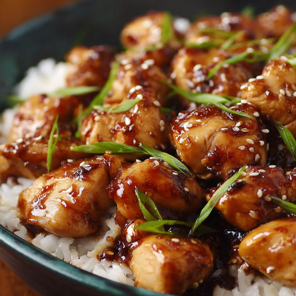 A plate of bourbon chicken with rice and green onions.