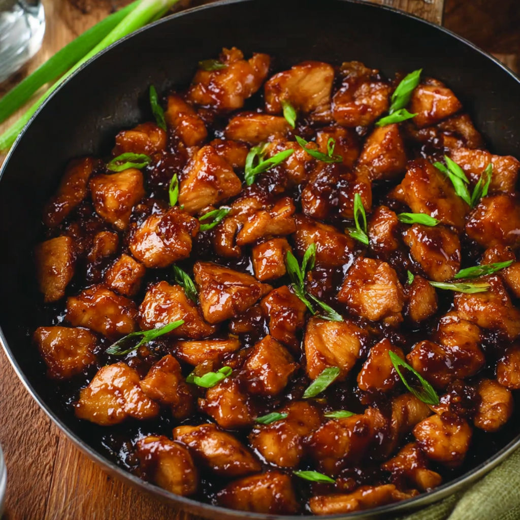 A pan of chicken stir fry with a variety of vegetables and sauce.