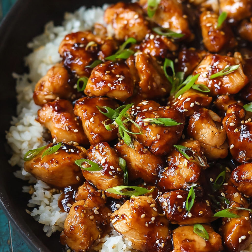 A delicious stir fry dish with chicken, rice, and vegetables, served in a bowl.