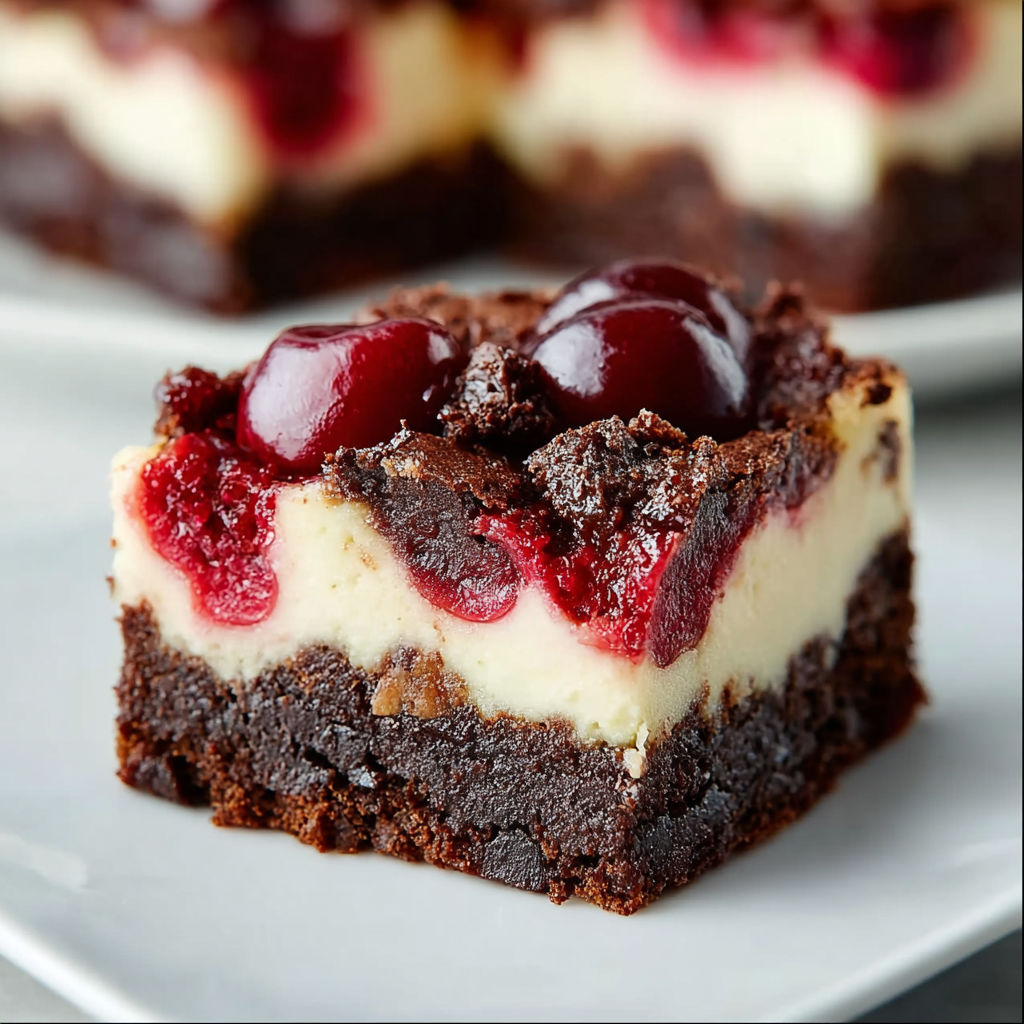 A slice of Cherry Cheesecake Brownies on a plate.