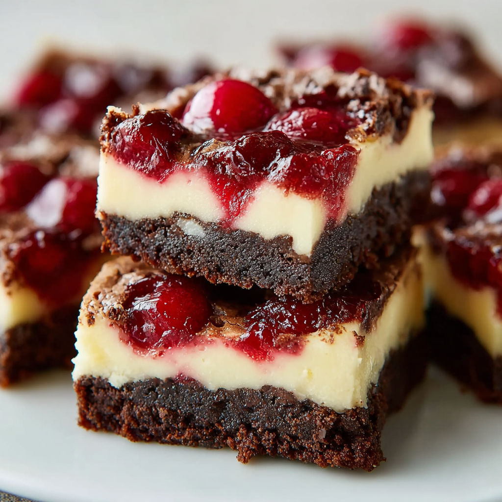 A plate of chocolate and cherry dessert squares.