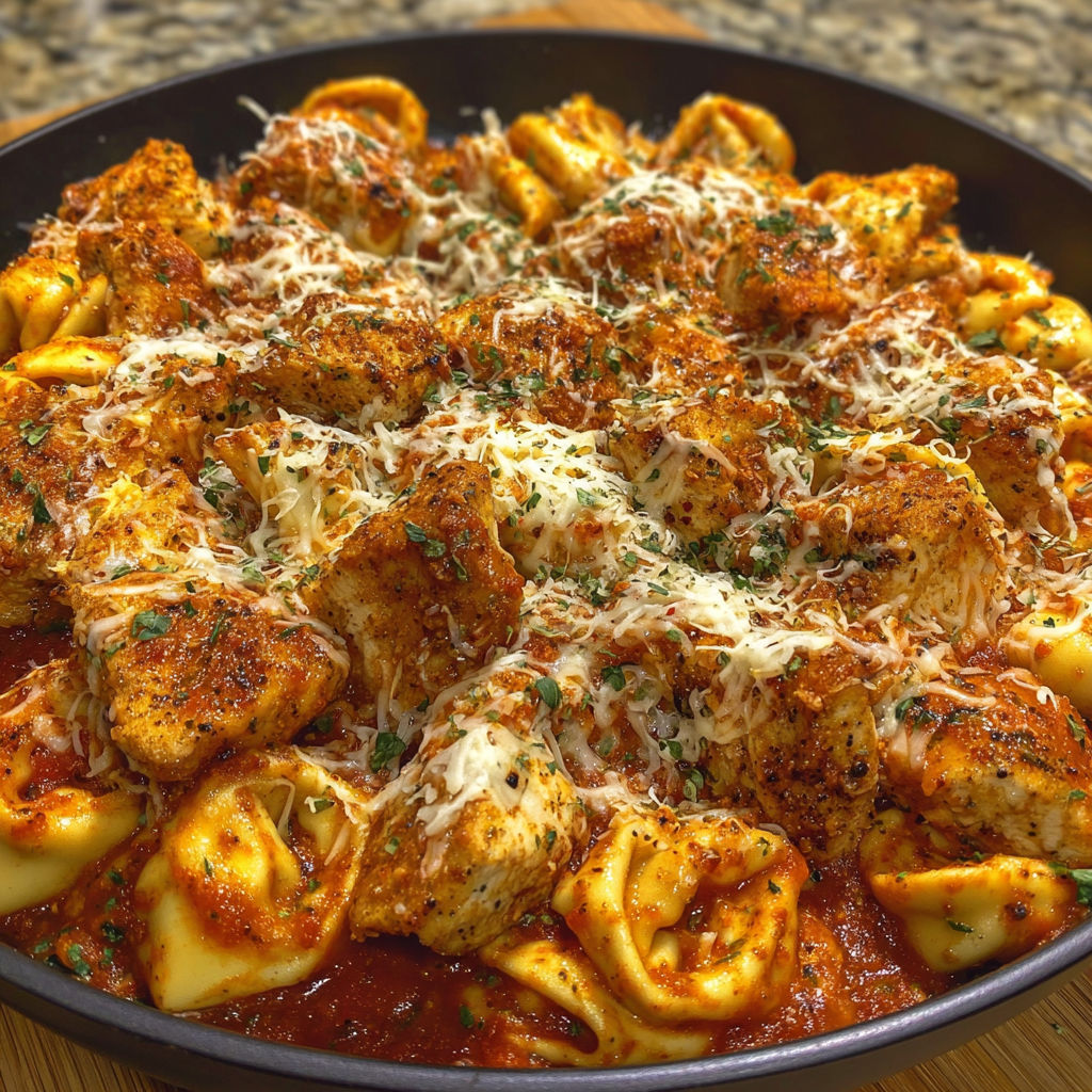 A delicious Cheesy Chicken Parmesan Tortellini dish, served in a black bowl.