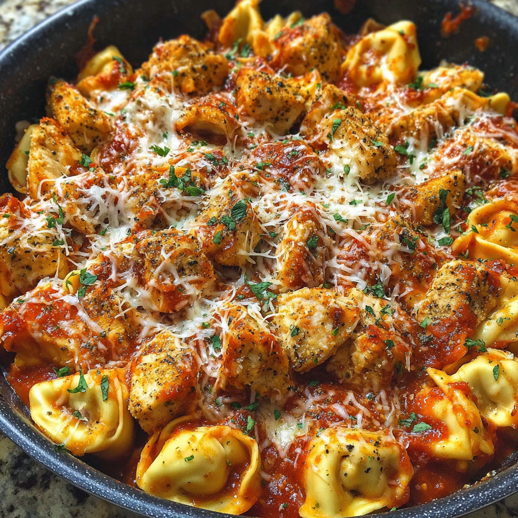 A delicious pasta dish with chicken and cheese, served in a black bowl.