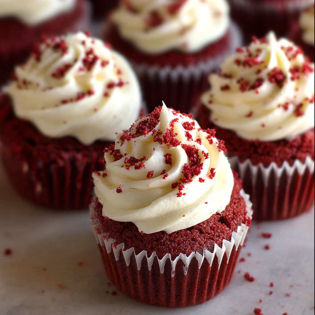 A close up of a red velvet cupcake with white frosting and red sprinkles.