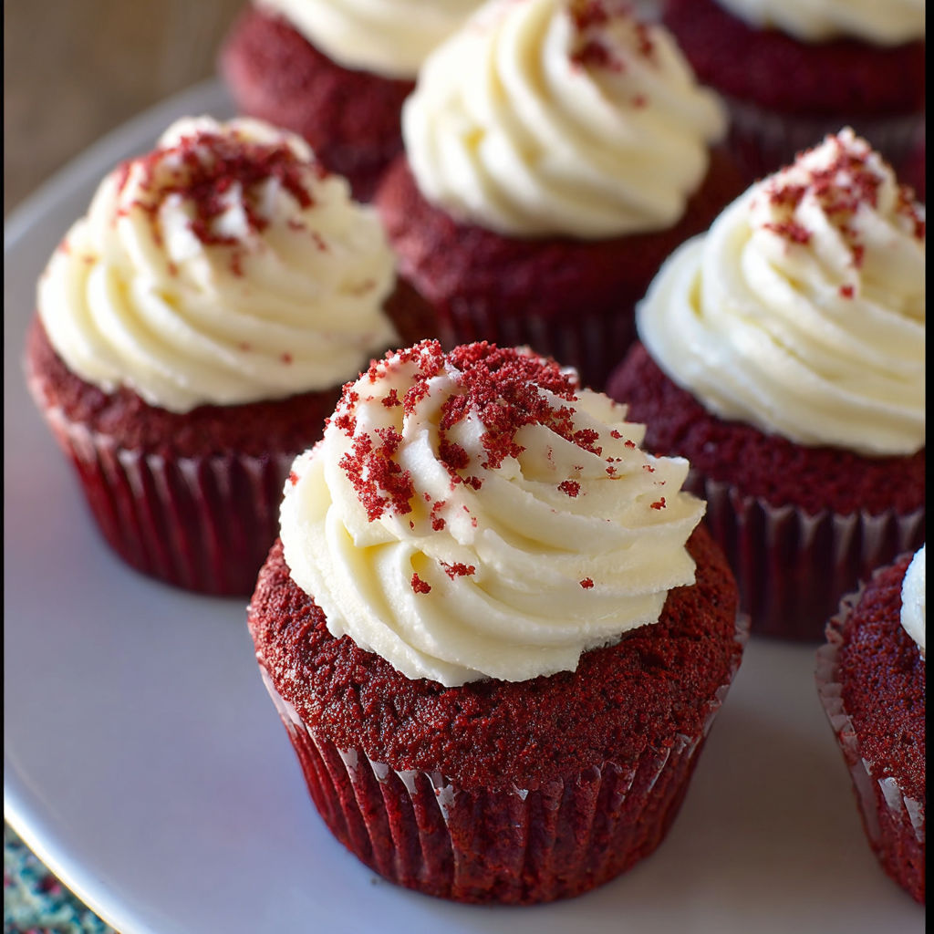 A plate of red velvet cupcakes with white frosting.