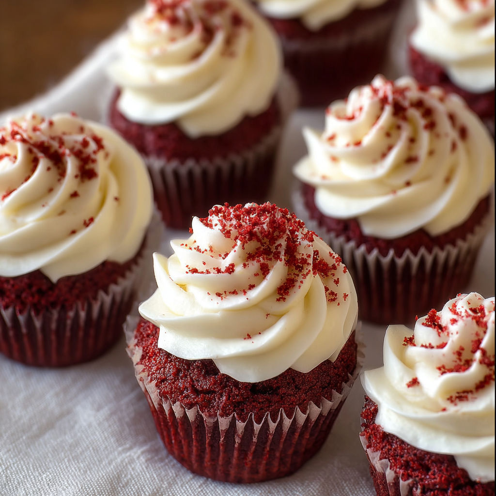 A close up of a red velvet cupcake with white frosting and red sprinkles.