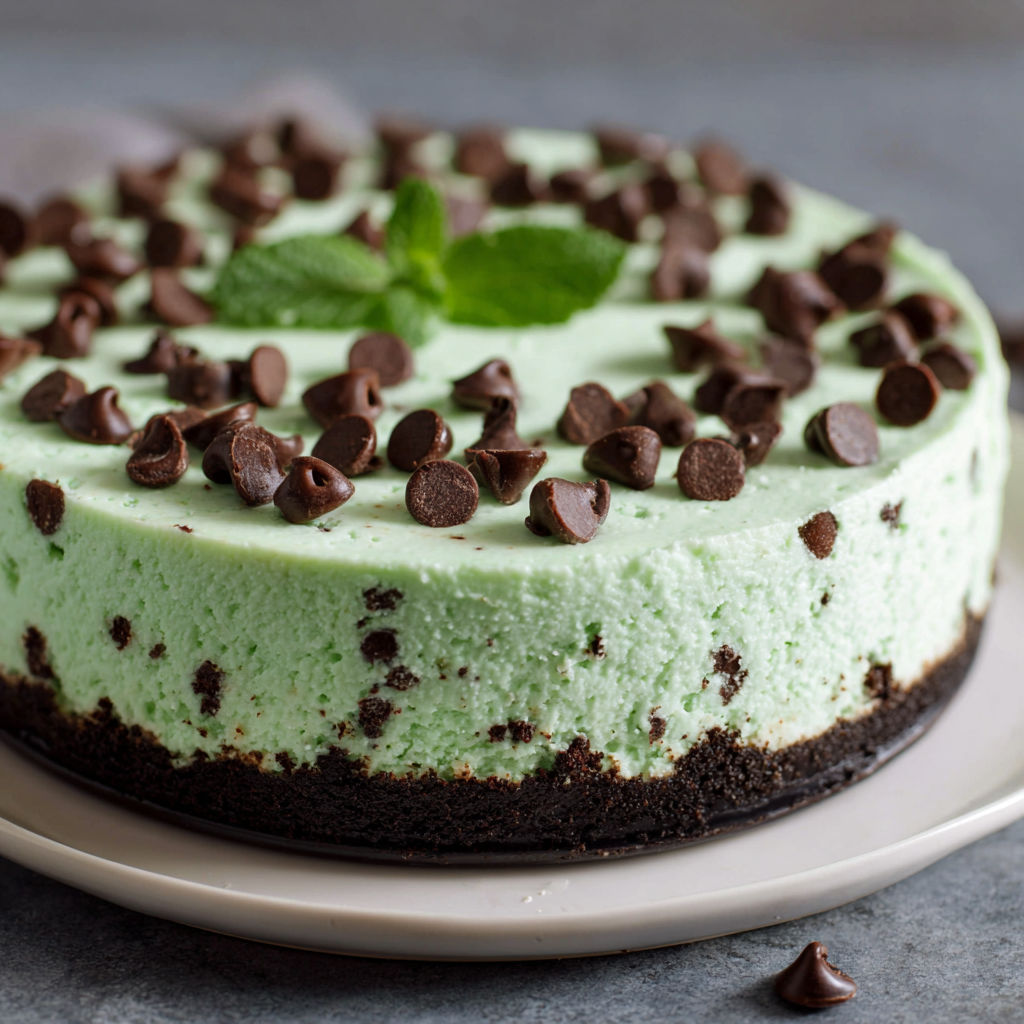 A slice of green mint chocolate cake with chocolate chips on top.