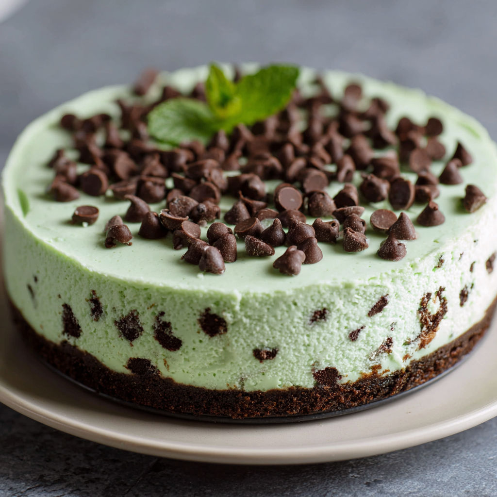 A slice of chocolate and mint cheesecake on a plate.