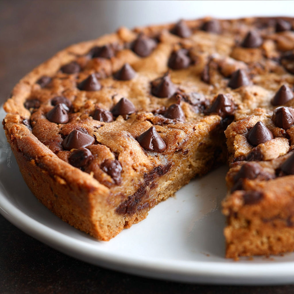 A slice of a deep dish chocolate cookie pie with chocolate chips and peanut butter.