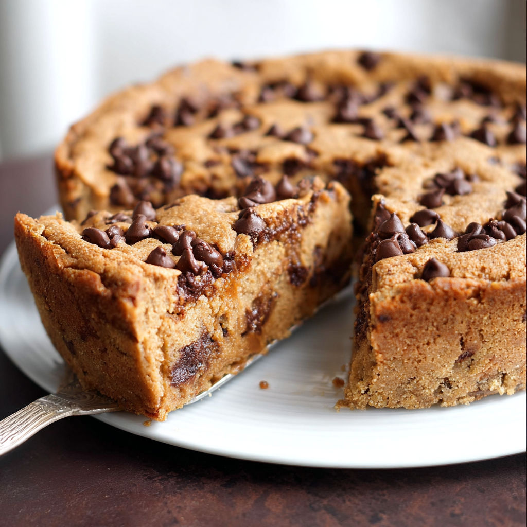 A slice of chocolate chip cookie cake on a white plate.
