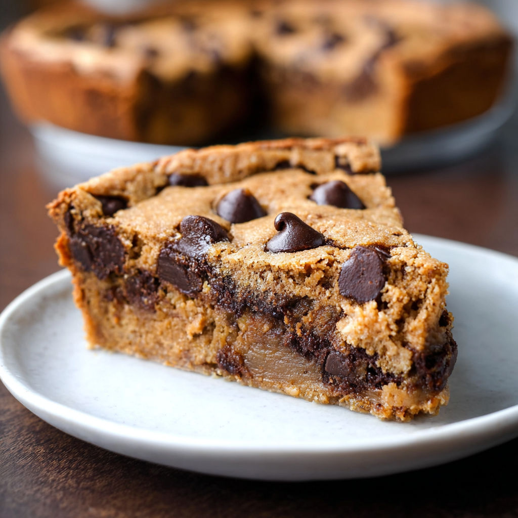 A slice of chocolate chip cookie cake on a plate.