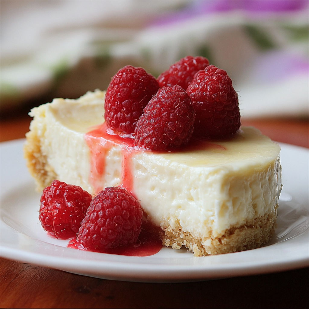 A slice of Greek Yogurt Cheesecake with raspberries on top.
