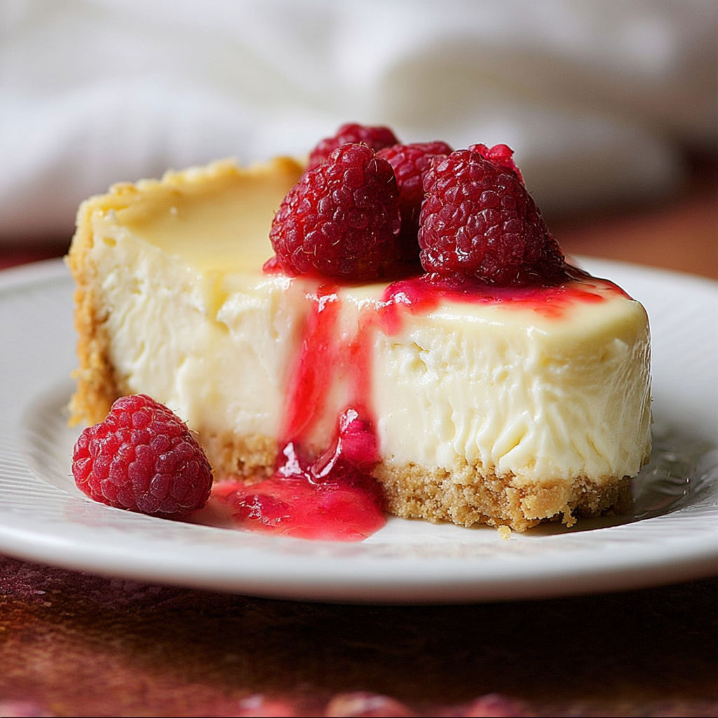 A slice of cheesecake with raspberries on top, drizzled with strawberry sauce.