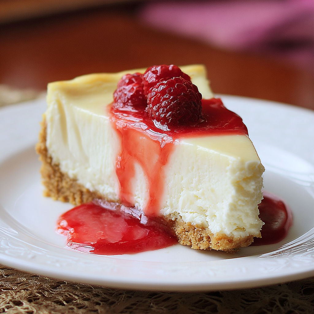A slice of cheesecake with a raspberry on top is served on a white plate.