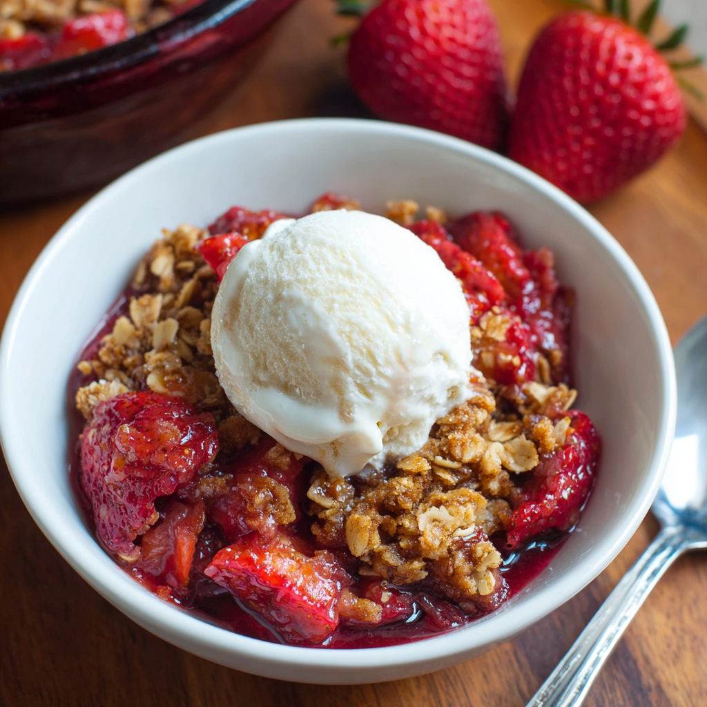 A bowl of strawberry shortcake with a scoop of ice cream on top.