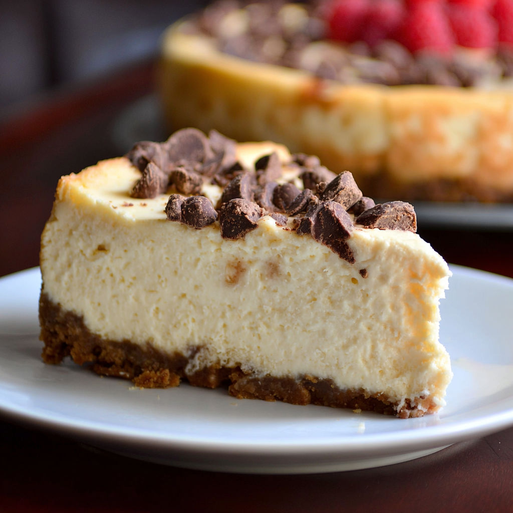 A slice of chocolate cheesecake with chocolate chips on a white plate.