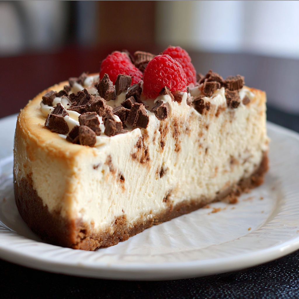 A slice of cheesecake with chocolate chips and a raspberry on top.