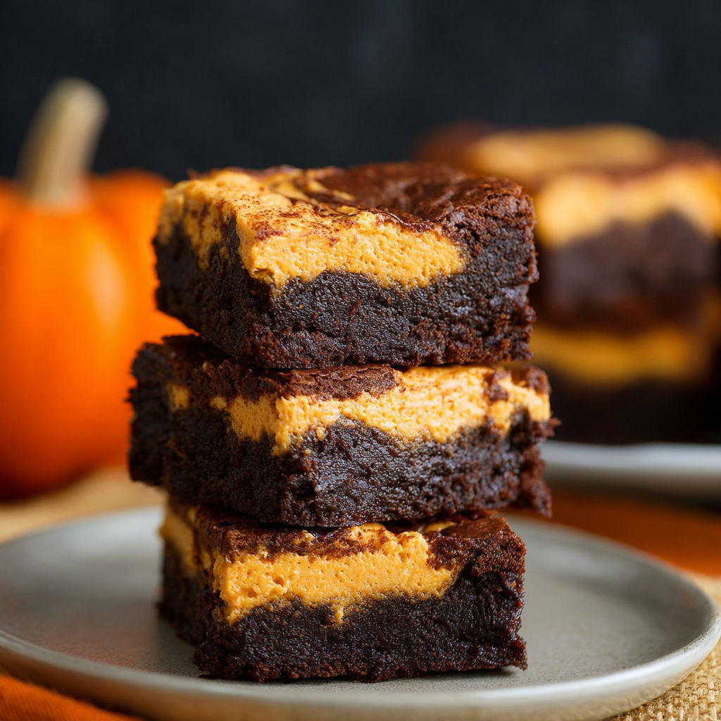 Three layers of Pumpkin Brownies stacked on a plate.
