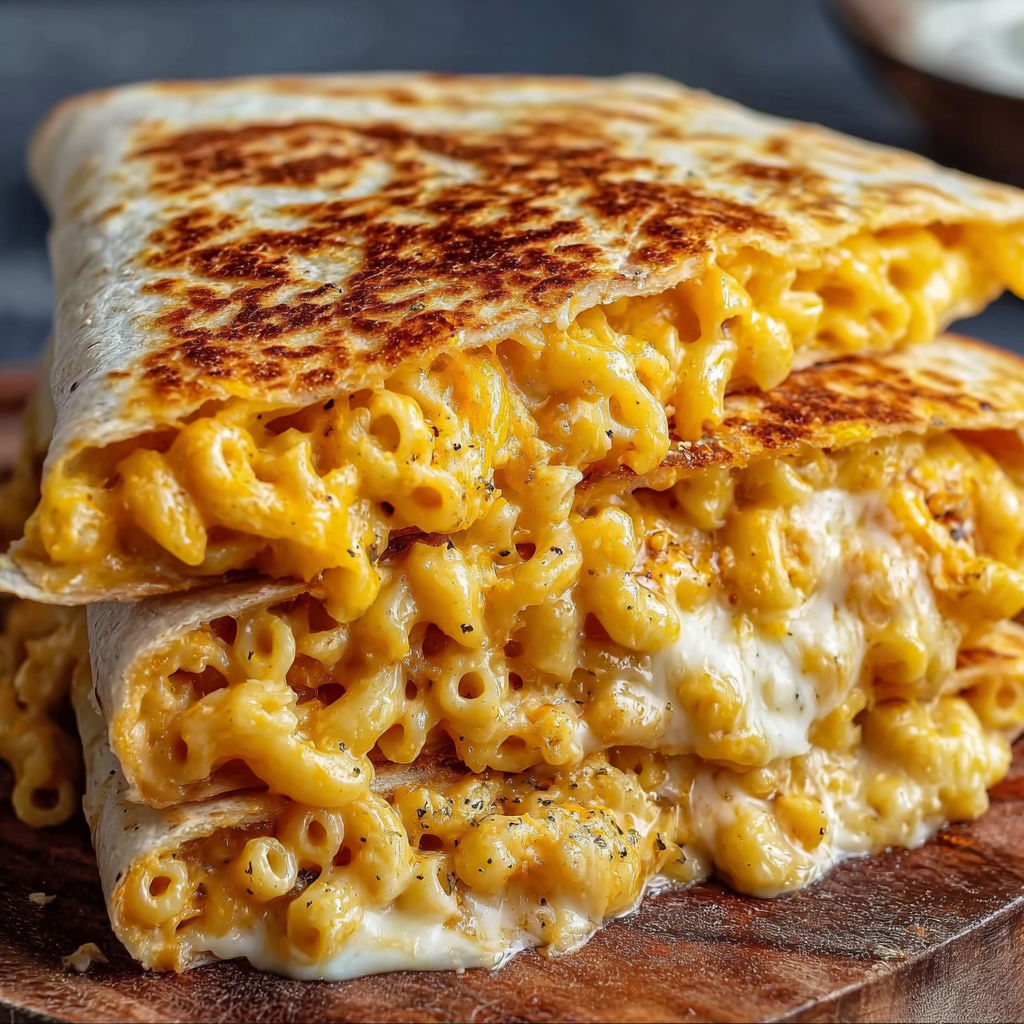 A delicious mac and cheese quesadilla is served on a wooden platter.