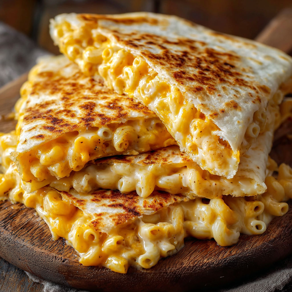 A delicious macaroni and cheese sandwich is served on a wooden platter.