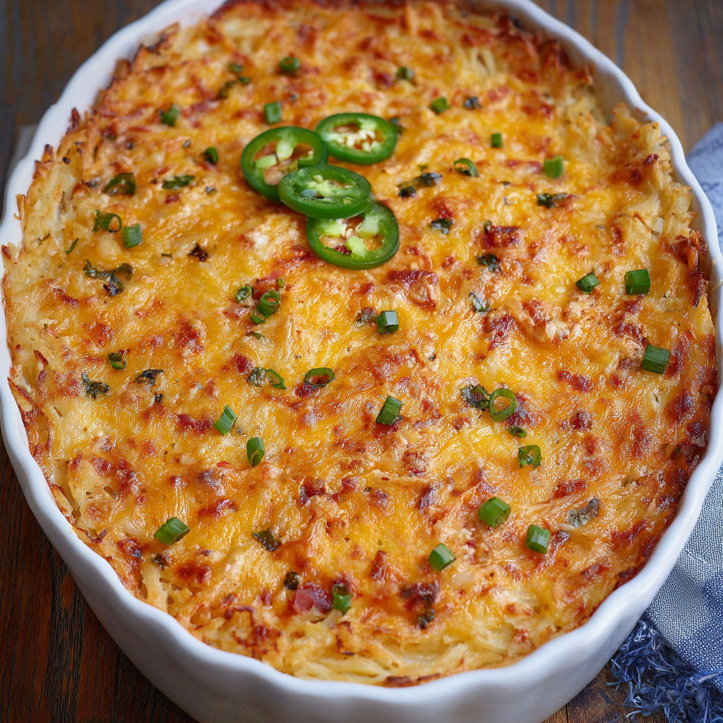 A dish of Pimento Cheese Hash Brown Casserole with green onions on top.