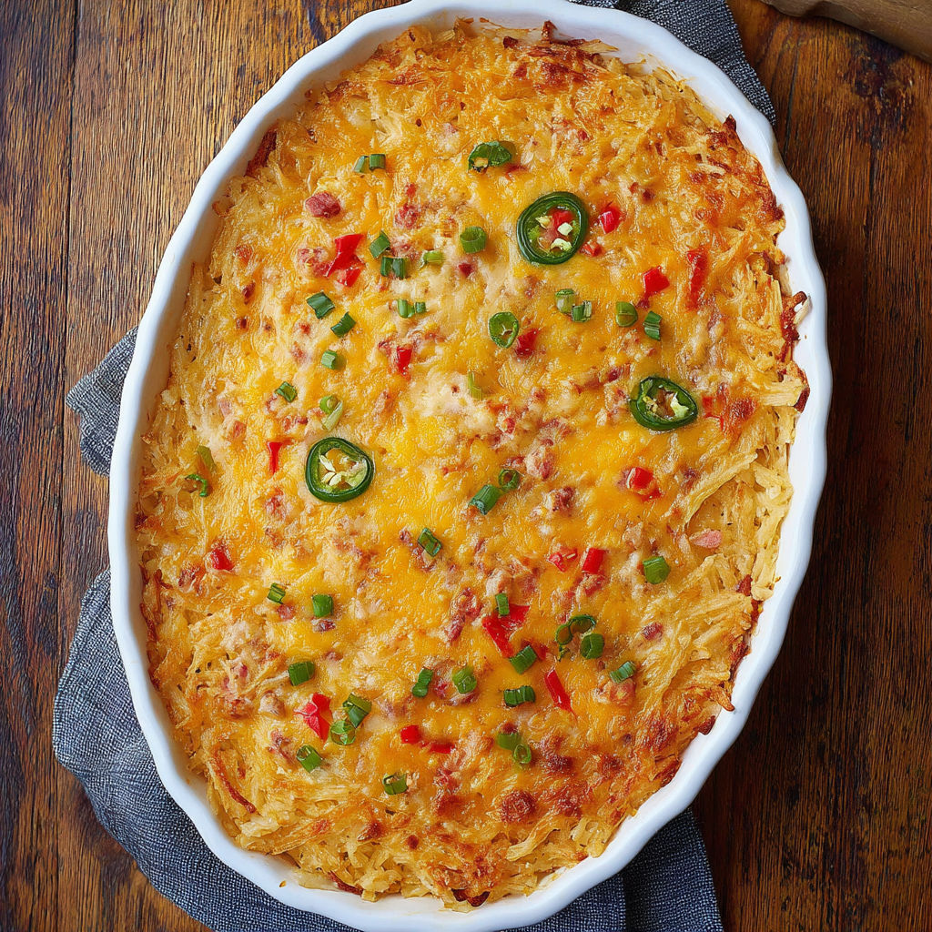 A delicious casserole dish filled with cheese, peppers, and jalapenos, ready to be served.