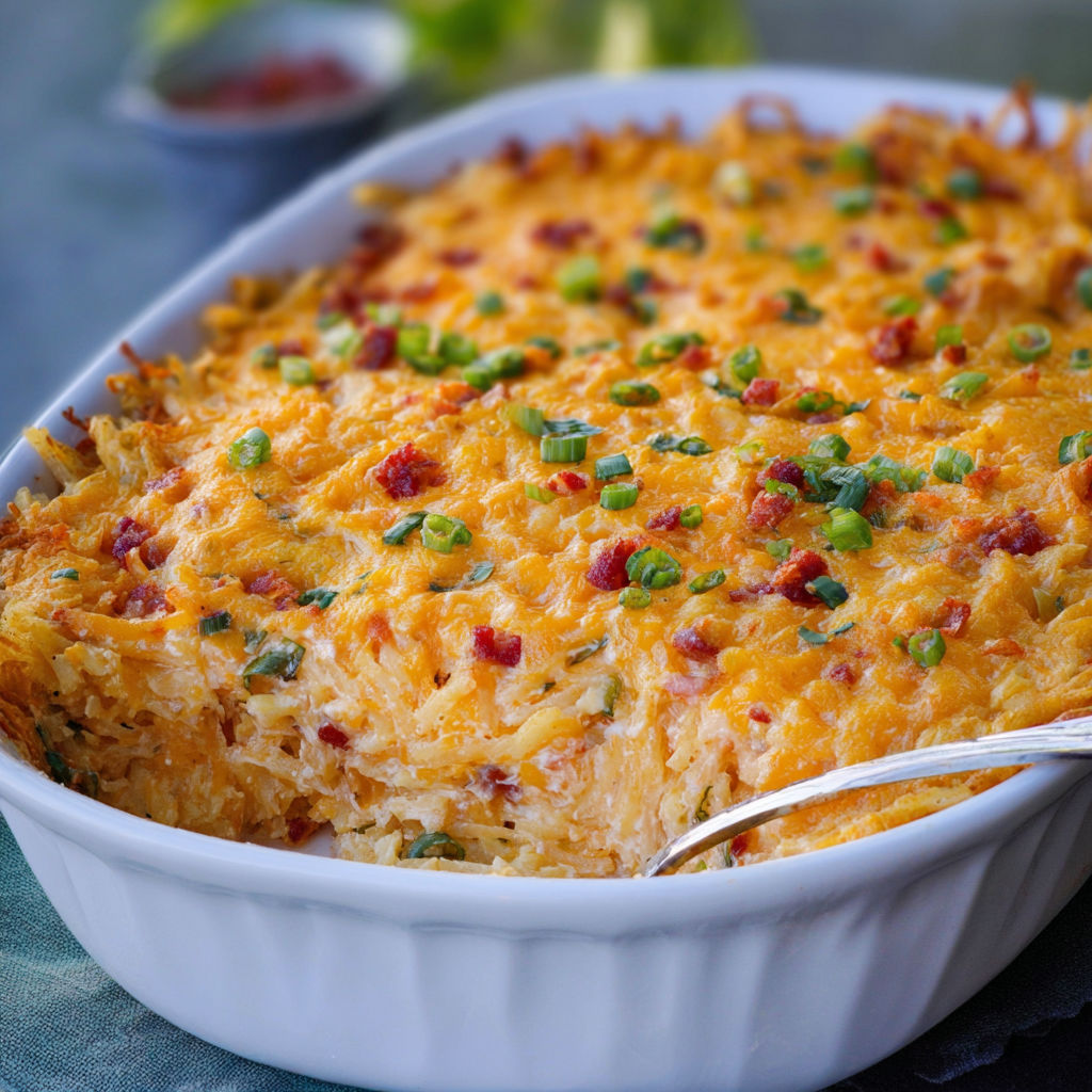 A white bowl filled with a delicious casserole dish, topped with cheese and green peppers.