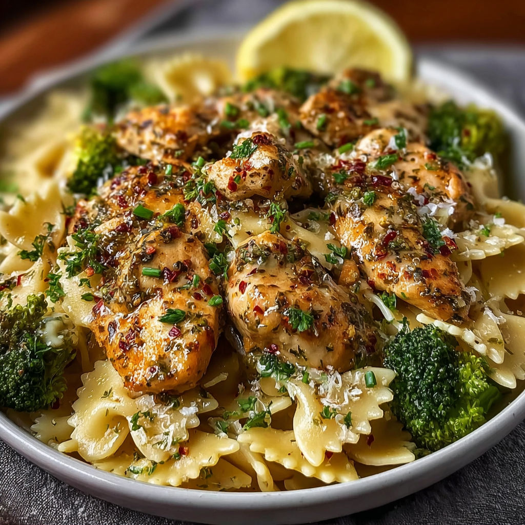 A plate of Cowboy Butter Lemon Bowtie Chicken with Broccoli.