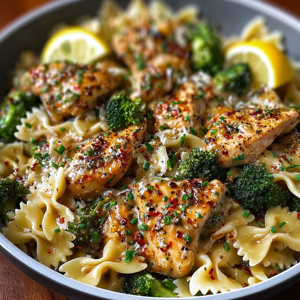 A delicious meal of Cowboy Butter Lemon Bowtie Chicken with Broccoli.