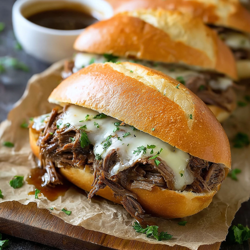 A close up of a delicious sandwich with meat and cheese, served on a wooden tray.